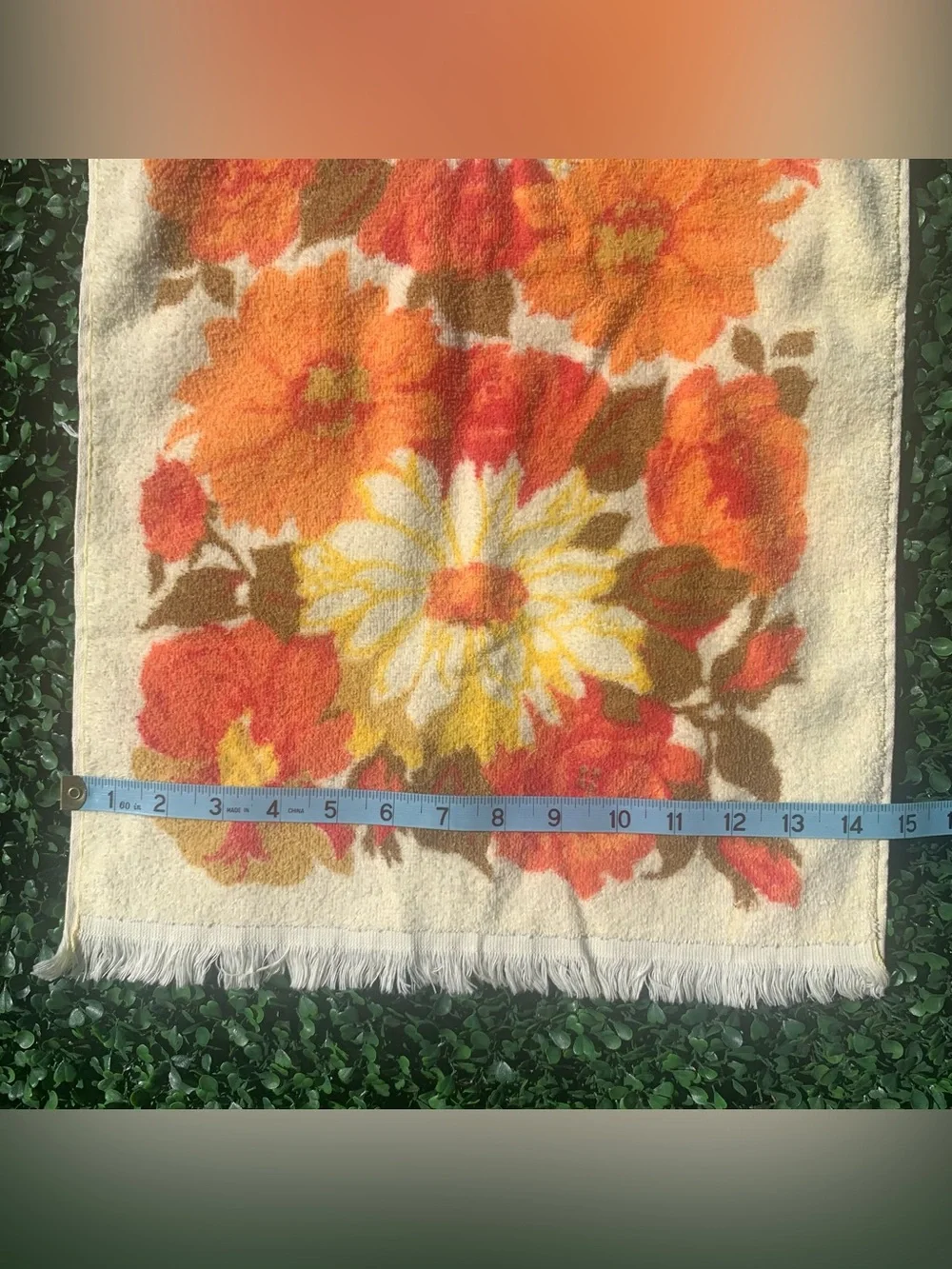 Vintage 70s Cannon yellow orange & red floral Bath Hand Towel & Washcloth Set
